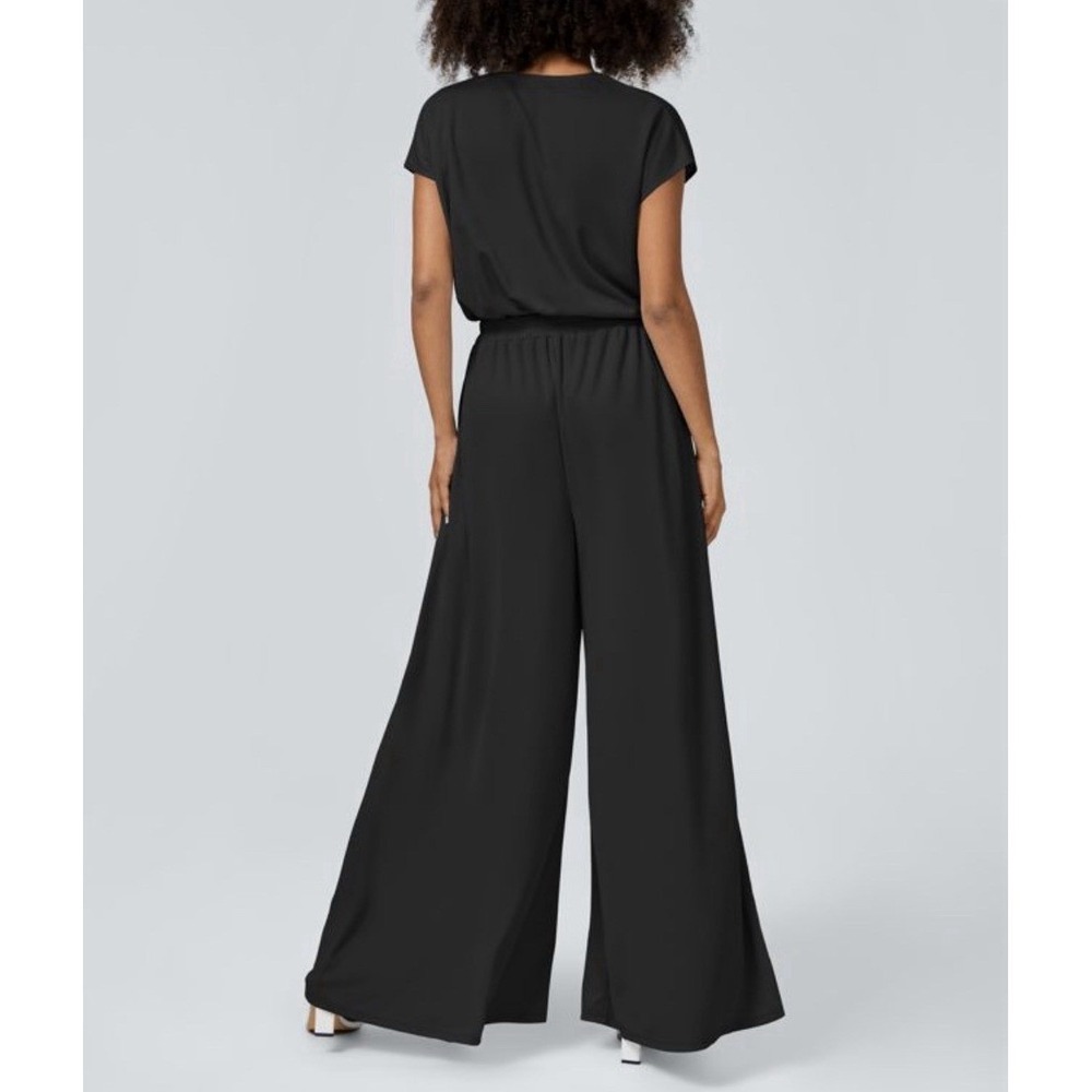 Halara Black Wide Leg Jumpsuit Faux Wrap V-Neck Pleated Short Sleeve Pocket XL - Picture 2 of 9
